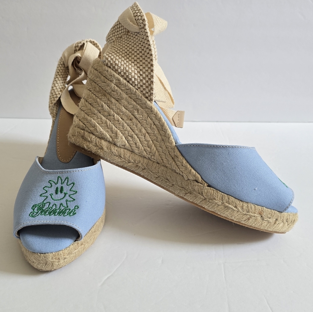 Ganni Canvas Open Toe Wedge Platform Lace Up Espadrilles Light Blue Cream - Picture 6 of 10